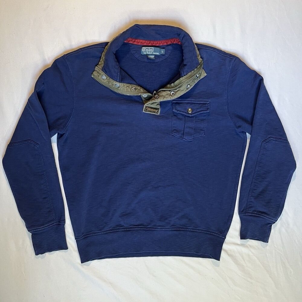 Vtg Polo Ralph Lauren Men's French Terry Rugby 1/4 Zip Sweater Sz L Large Army